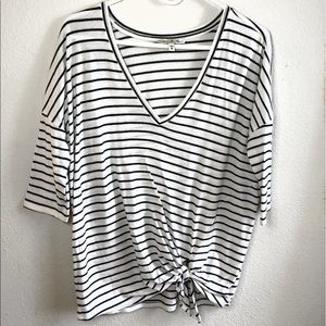 Striped Short Sleeve V-Neck Tee with Tie